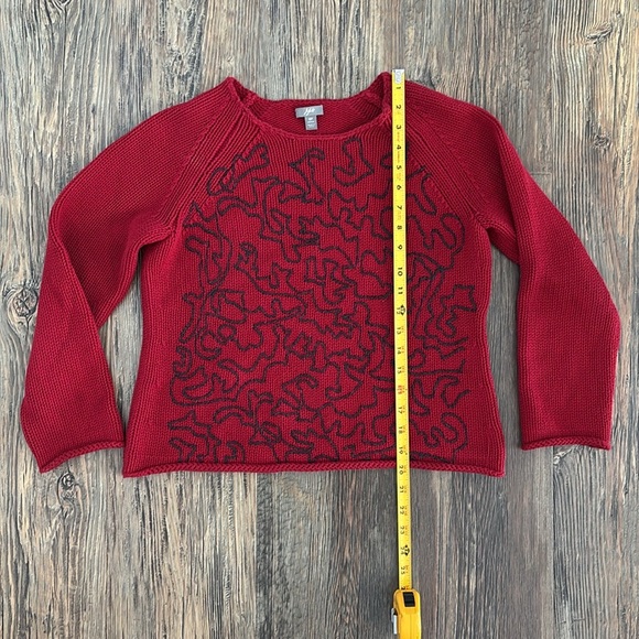 J. Jill Knit Sweater Women’s Small Petite 5% Wool Red Gray Embroidered Pullover - Picture 3 of 10